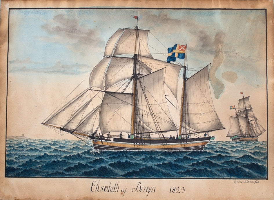 Skipsportrett av galeas ELISABETH under fulle seil. Skipet fører svensk-norsk unionshandelsflagg (1818-1844) akter. Ser skipet aktenfra i høyre del av bildet.