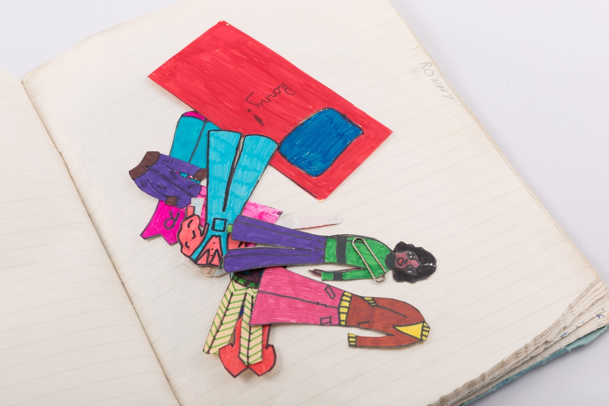 Hjemmelagde papirdukker oppbevart i ei mappe laget av ei  gammel skolebok med plasttrekk. Hver dukke ligger i sin lomme merket med navn.