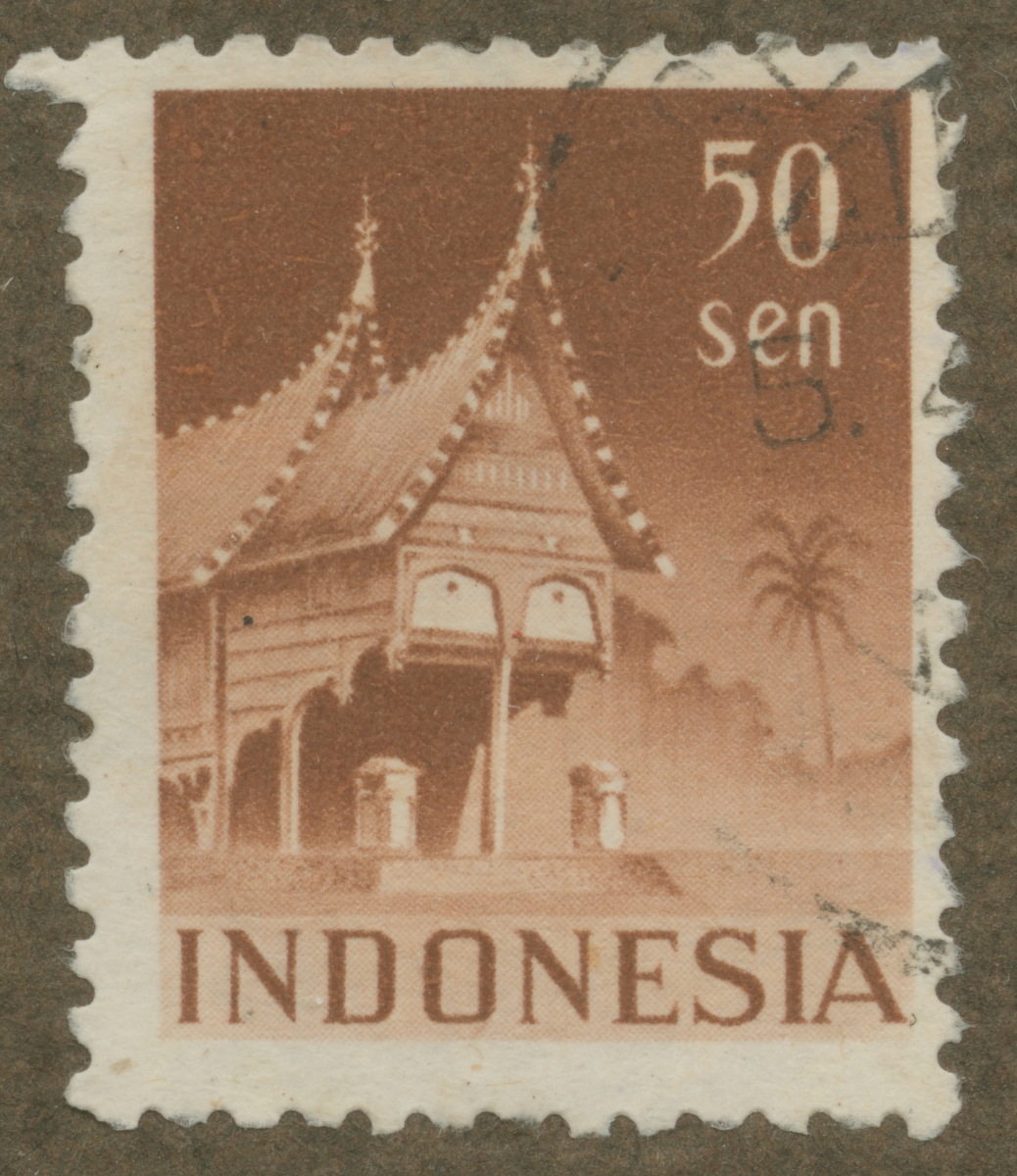 Frimärke ur Gösta Bodmans filatelistiska motivsamling, påbörjad 1950.
Frimärke från Indonesien, 1949. Motiv av hus i Inodonesien.