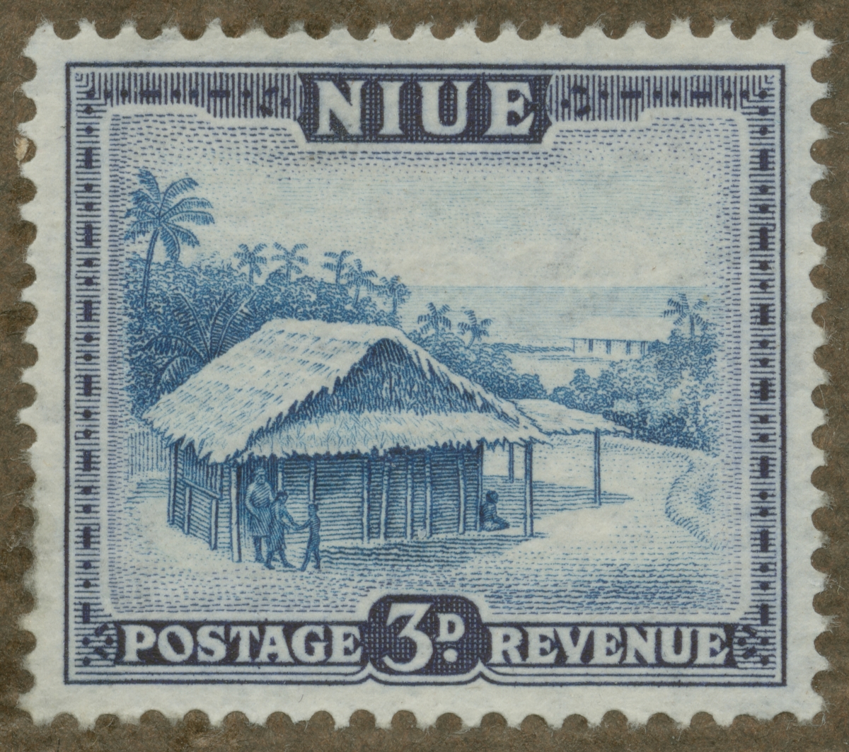 Frimärke ur Gösta Bodmans filatelistiska motivsamling, påbörjad 1950.
Frimärke från Niue, 1950. Motiv av hydda i Niue, Stilla havet.