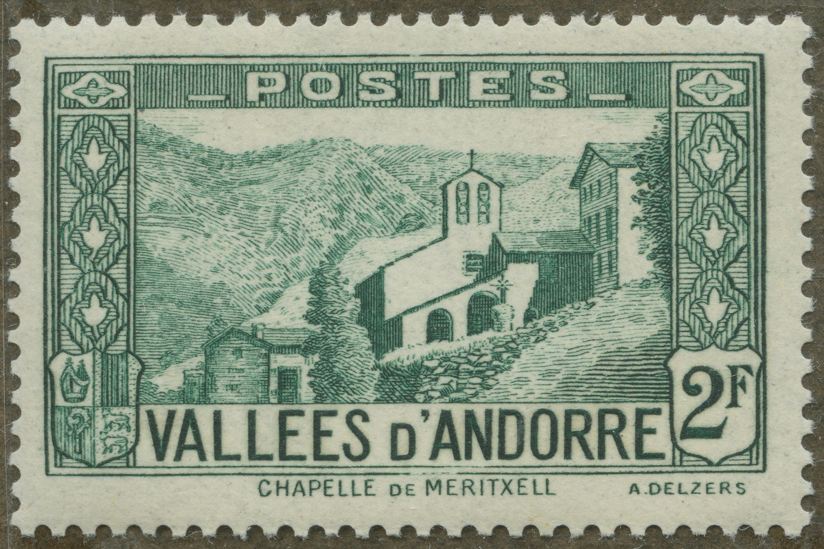 Frimärke ur Gösta Bodmans filatelistiska motivsamling, påbörjad 1950.
Frimärke från Franska Andorra, 1942. Motiv av kapellet i Meritxell.