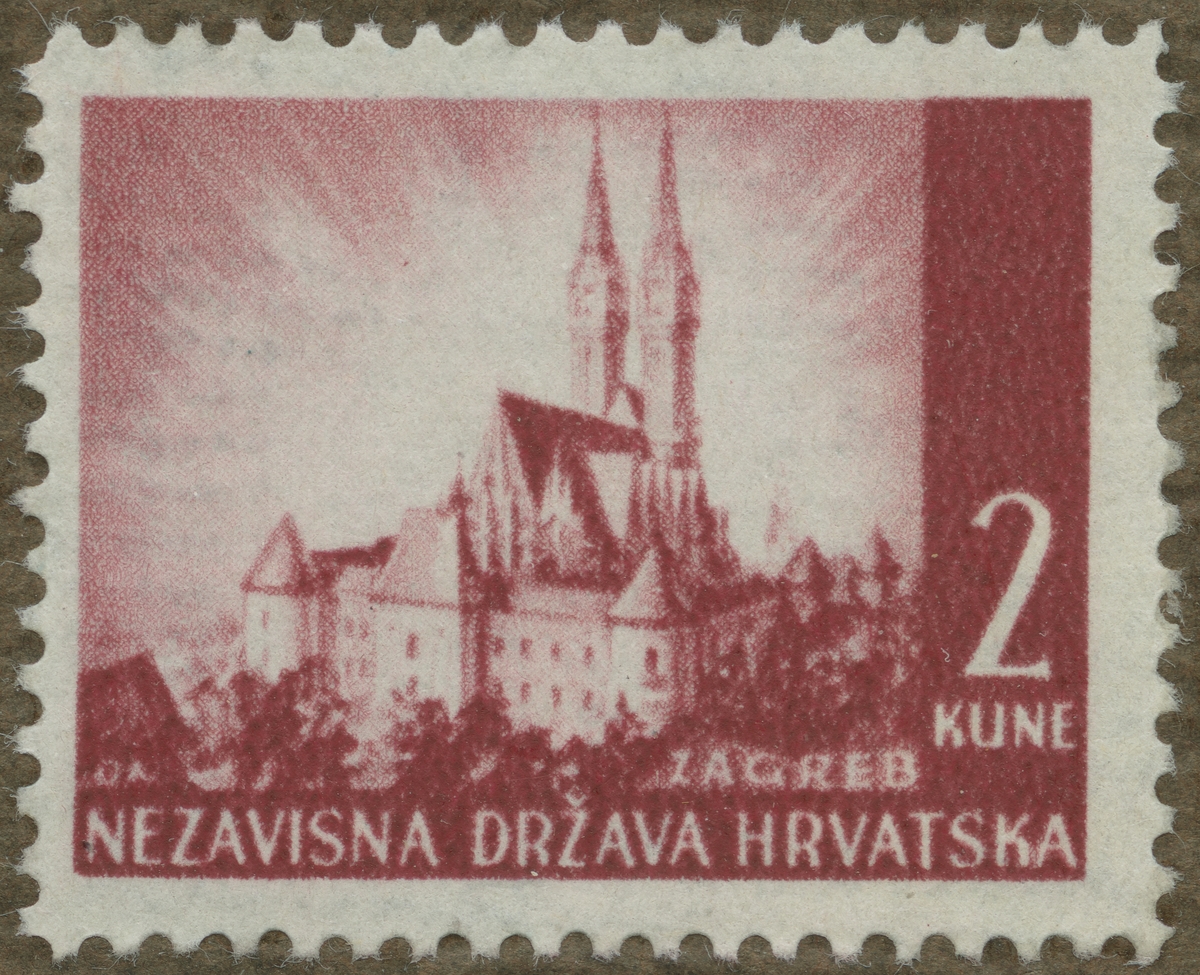 Frimärke ur Gösta Bodmans filatelistiska motivsamling, påbörjad 1950.
Frimärke från Kroatien, 1941. Motiv av katedralen i Zagreb.