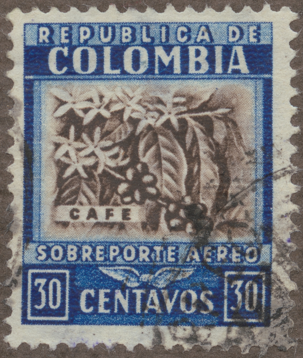Frimärke ur Gösta Bodmans filatelistiska motivsamling, påbörjad 1950.
Frimärke från Colombia, 1932. Motiv av kaffebuska med frukter och blommor.