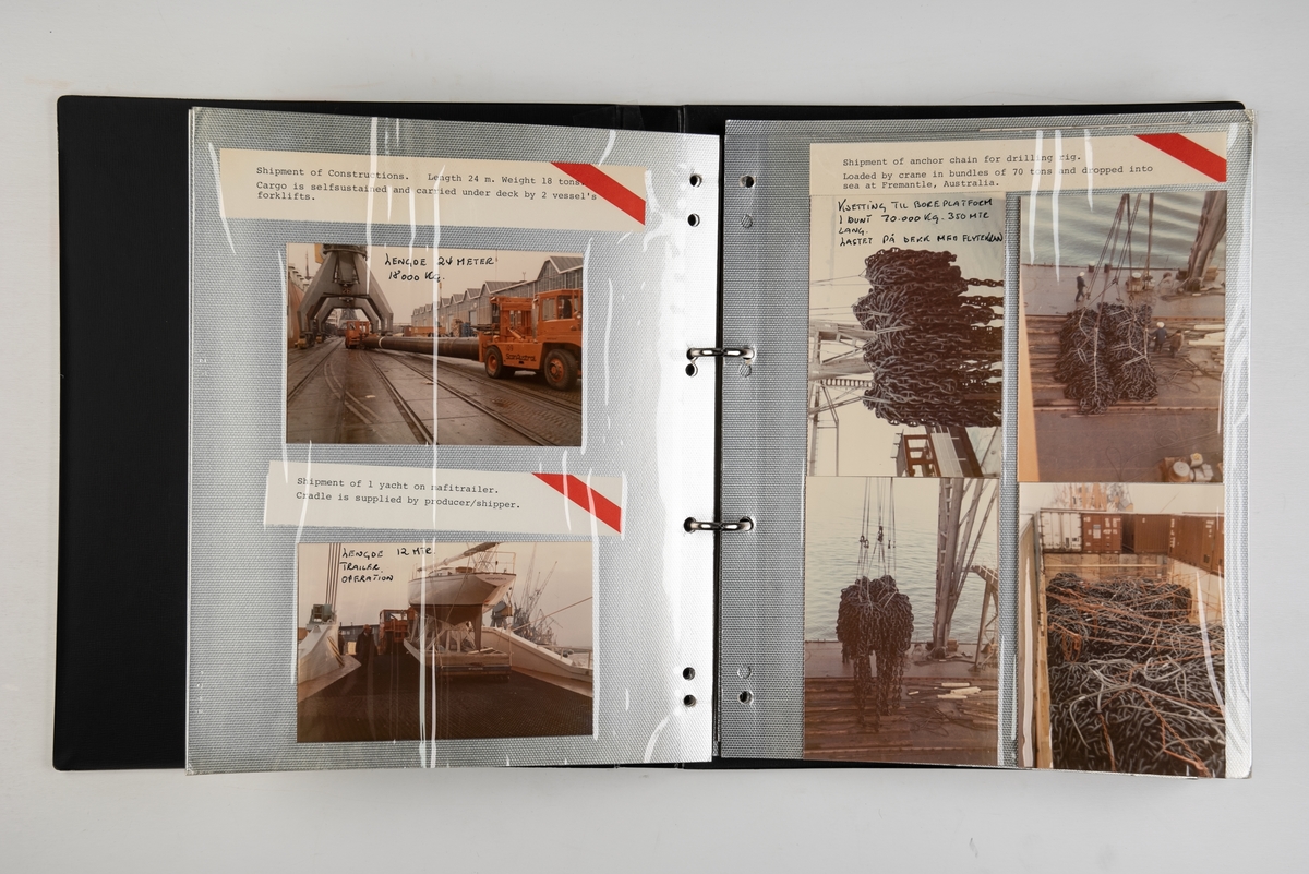 Album med fotografier av dekklast og fotografier av lasting og lossing på skip fra Wilh. Wilhelmsen.