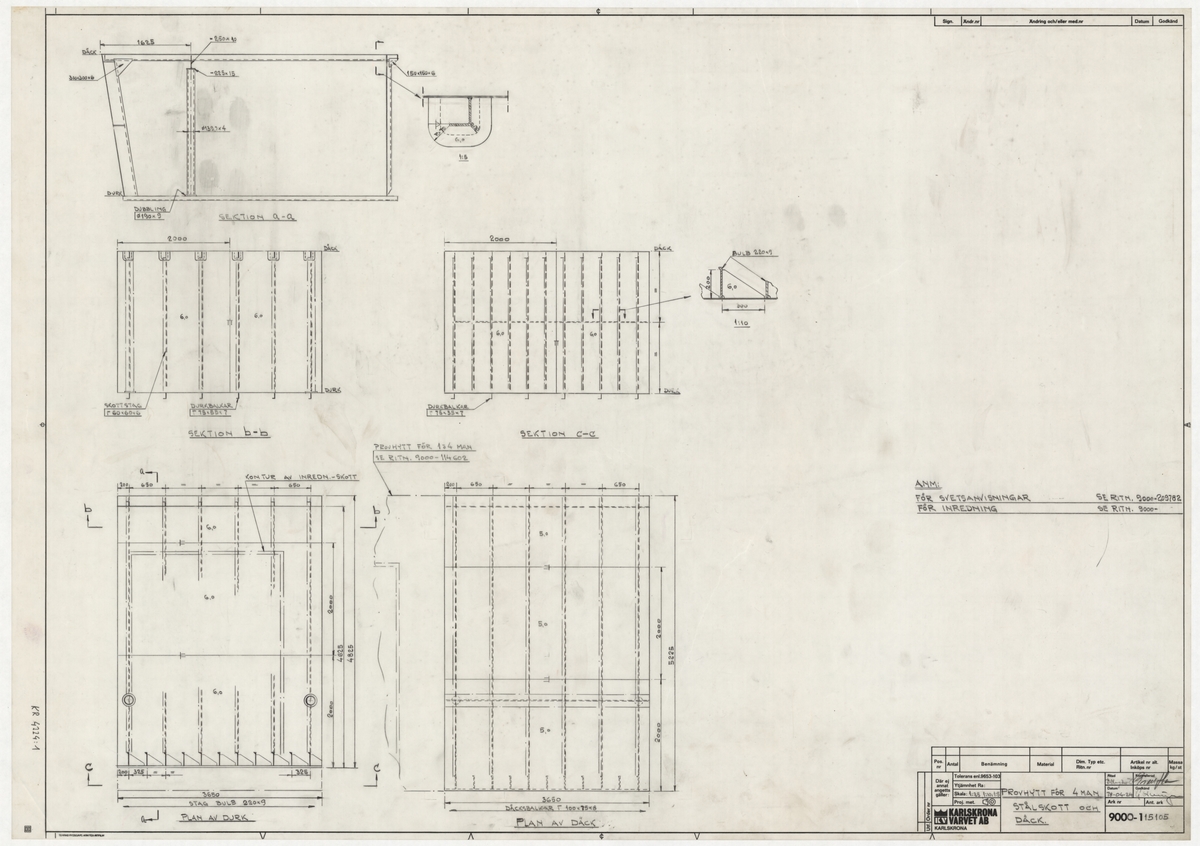 Konstruktionsritning som innehåller plav av durk, plan av däck m. fl. för en 1 till 4 mans hytt till ett stålfartyg.