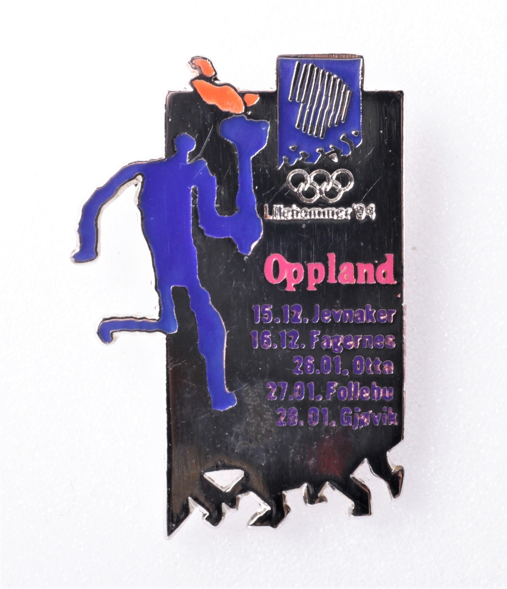 Piktogram med fakkelbæreren fra OL 1994 og oversikt over fakkelens rute gjennom Oppland