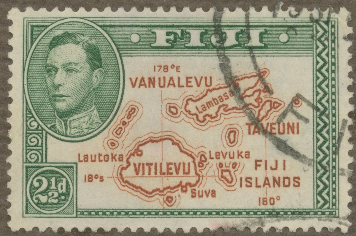 Frimärke ur Gösta Bodmans filatelistiska motivsamling, påbörjad 1950.
Frimärke från Fiji, 1938. Motiv av karta över Fijiöarna.