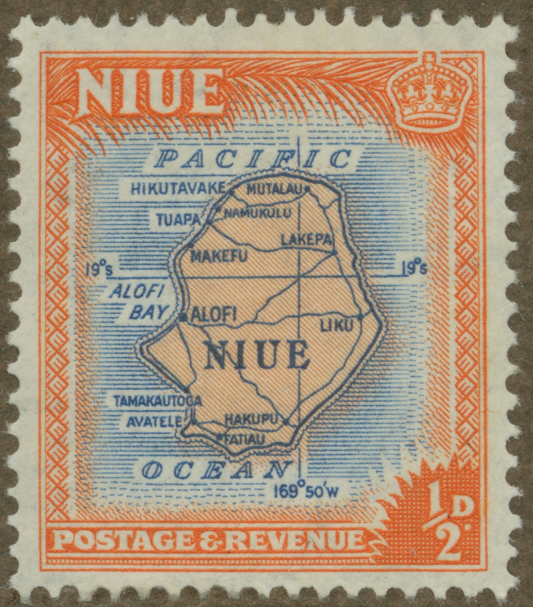 Frimärke ur Gösta Bodmans filatelistiska motivsamling, påbörjad 1950.
Frimärke från Niua, Nya Zeeland, 1950. Motiv av karta över Niueön i sydliga Stilla Havet.