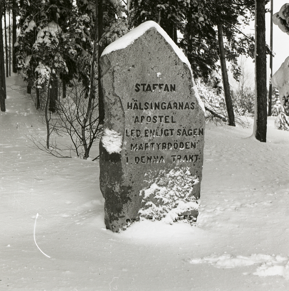 Minnesmonumentet "Staffanstenen" med inskription om hälsinglands apostel, januari 1984.