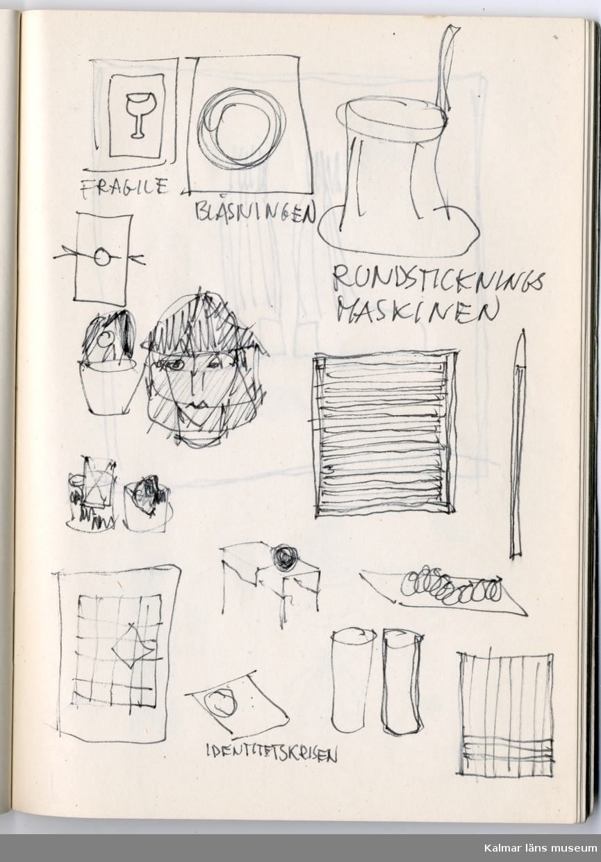 KLM 46157:491. Skissblock, papper, färg. Skissblock med vita papperssidor och omslag i brunt papper med text i rött. Innehåller anteckningar och skisser, gjorda av Raine Navin. Se foto för exempel.