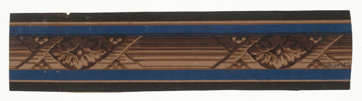 Tapetbård med bandomlindad fascesstav i nyanser av brunt mot klarblå fond, omgiven av svarta band.