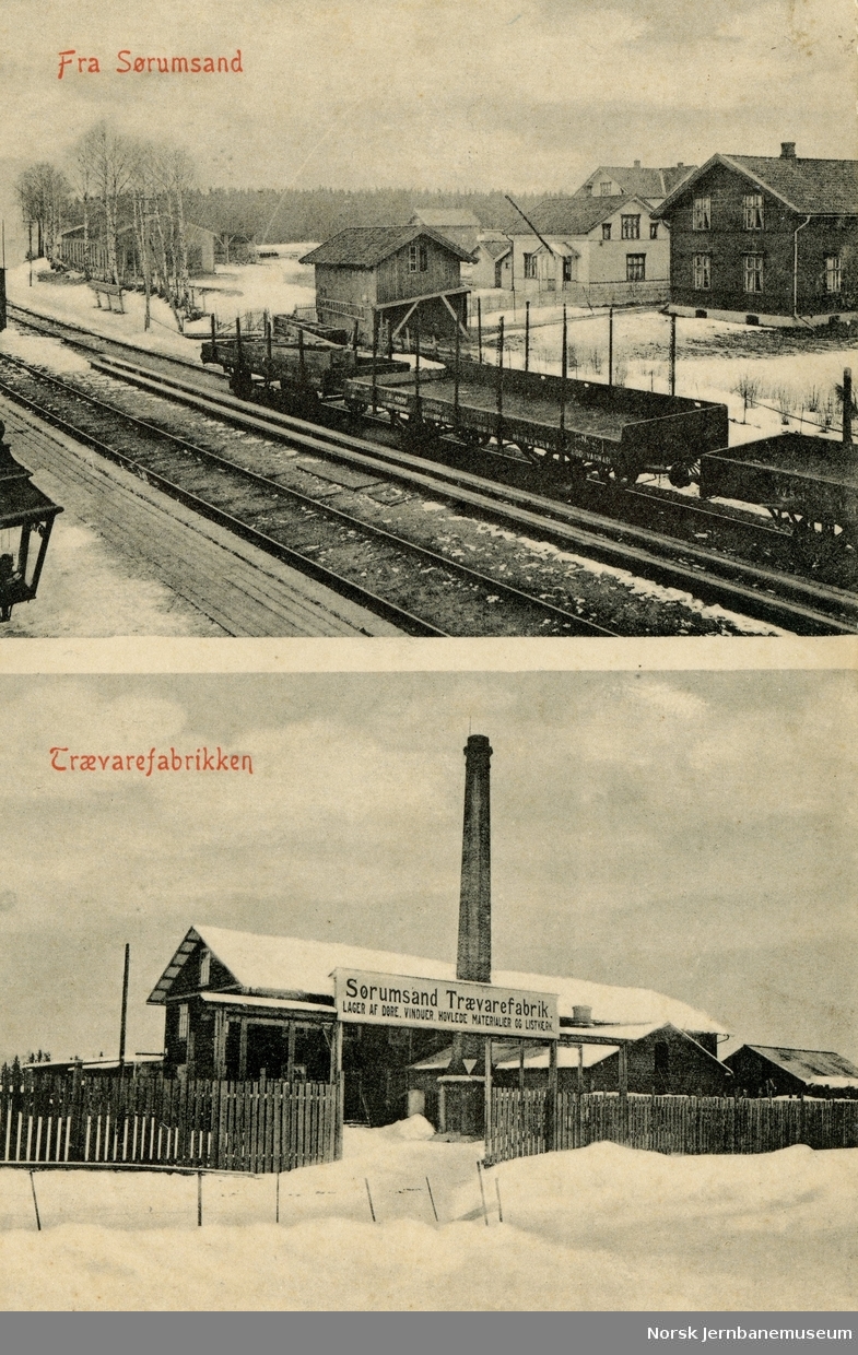 Sørumsand. Todelt postkort tatt fra 2. etasje i Sørumsand stasjon der øvre del viser Sørumsand Verksted i bakgrunnen til høyre og to eneboliger. Nedre del viser Sørumsand Trævarefabrikk.