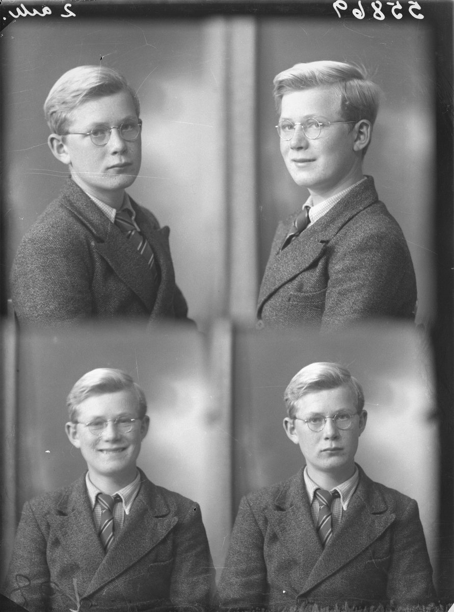Portrett.  Ung lyshåret gutt/mann med briller i mørk dress, lys skjorte og flerfarget/stripet slips. Bestilt av Magne Urdahl. Øvre Vats.