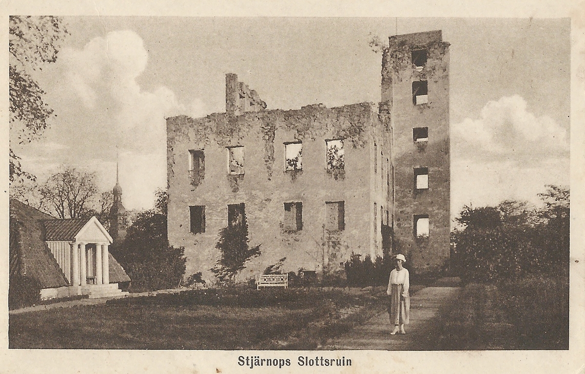 Vykort Bild från Stjärnorps slottsruin,
Stjärnorp, slott, slottsruin, ruin
Poststämplat 25 december 1918
Henric Carlssons bokhandel Linköping