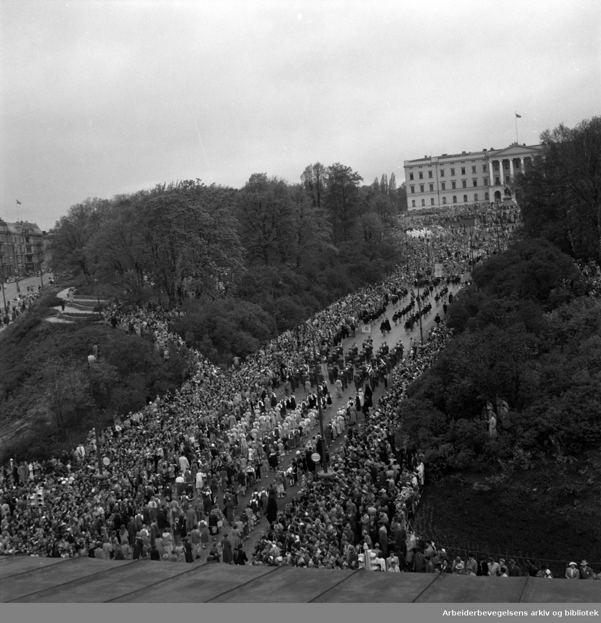 Barnetoget. 17. mai 1953. Utsikt mot Slottsparken og Slottet fra taket på Universitetes vestbygning (Domus Bibliotheca).