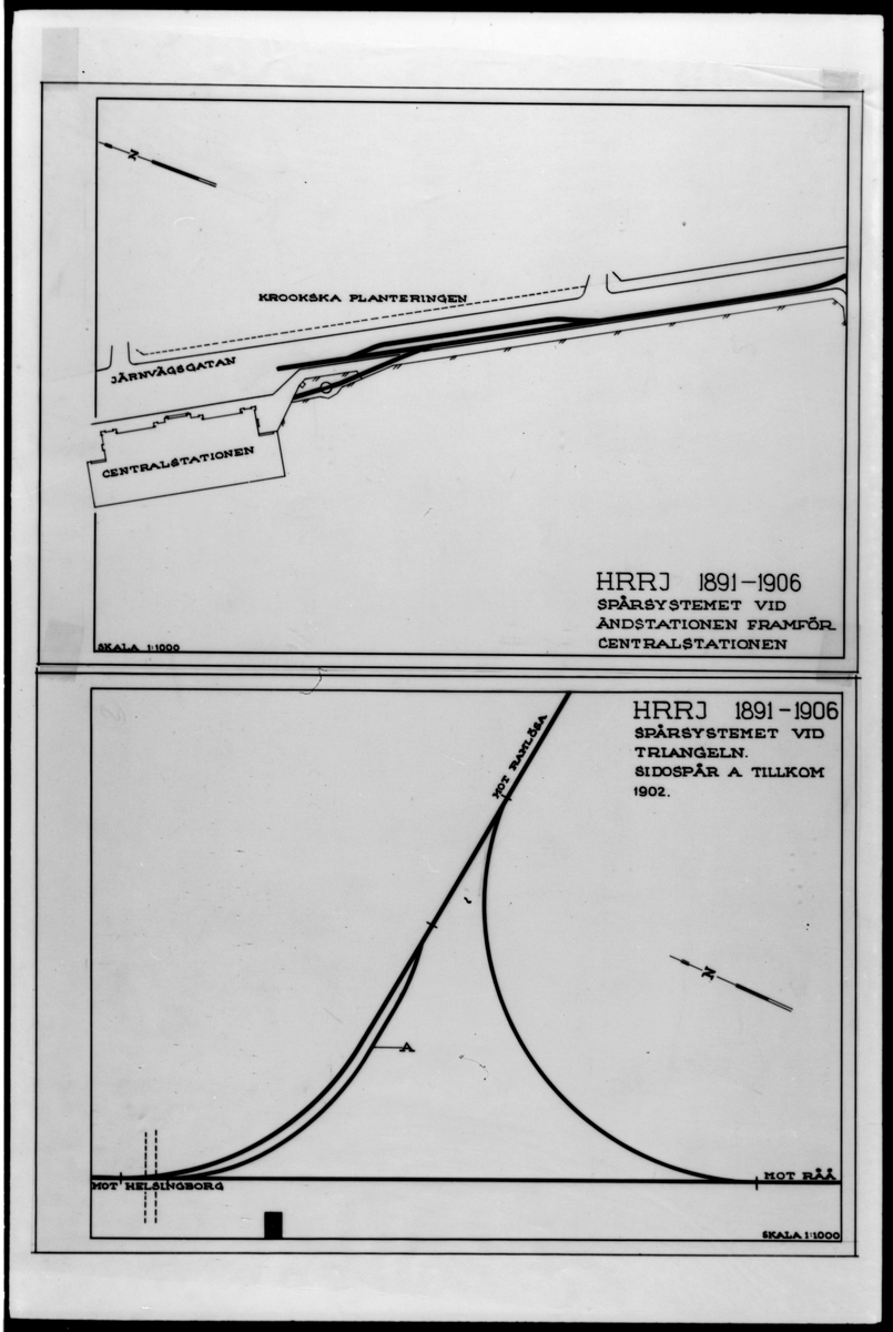 Översta ritningen i bild visar Helsingborg–Råå–Ramlösa järnväg, HRRJ ändstationen framför centralstationen och dess spårsystem. Den nedre bilden visar sidospår A. tillkomst till spårsystemet vid Triangeln.