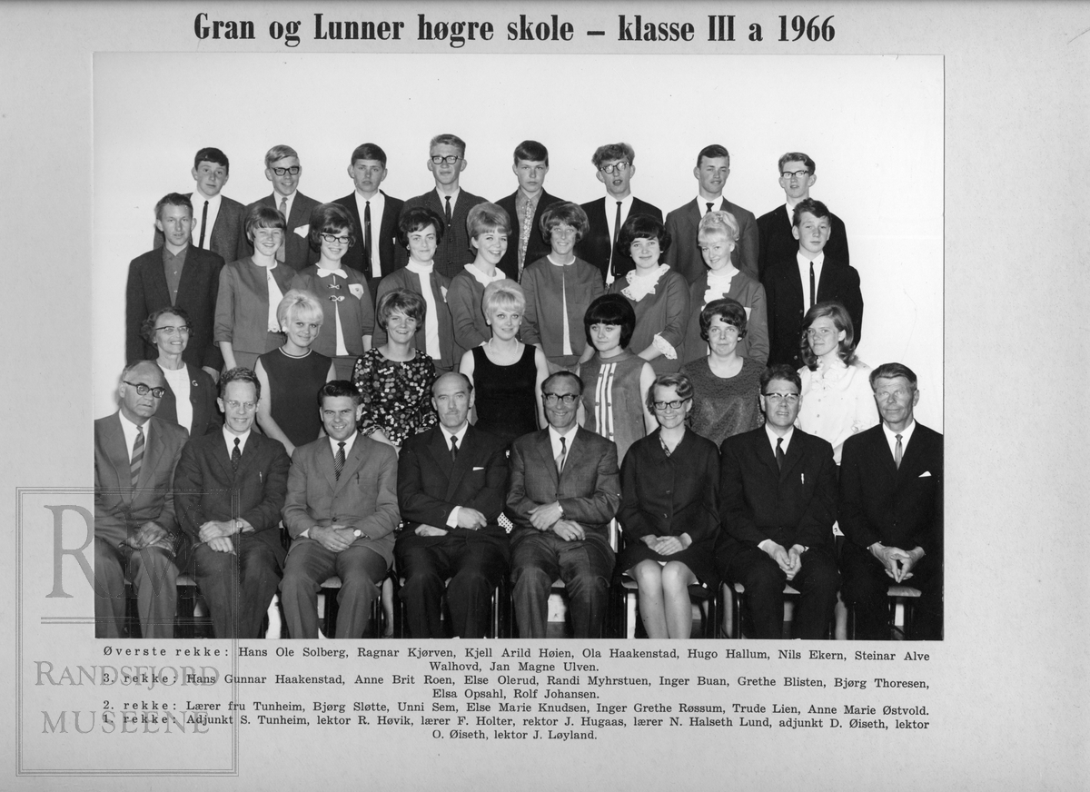 Elever og lærere ved Lunner høgre skole - klasse IIIa, 1966