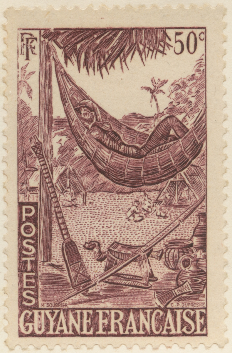 Frimärke ur Gösta Bodmans filatelistiska motivsamling, påbörjad 1950.
Frimärke från Franska Guyana, 1947.