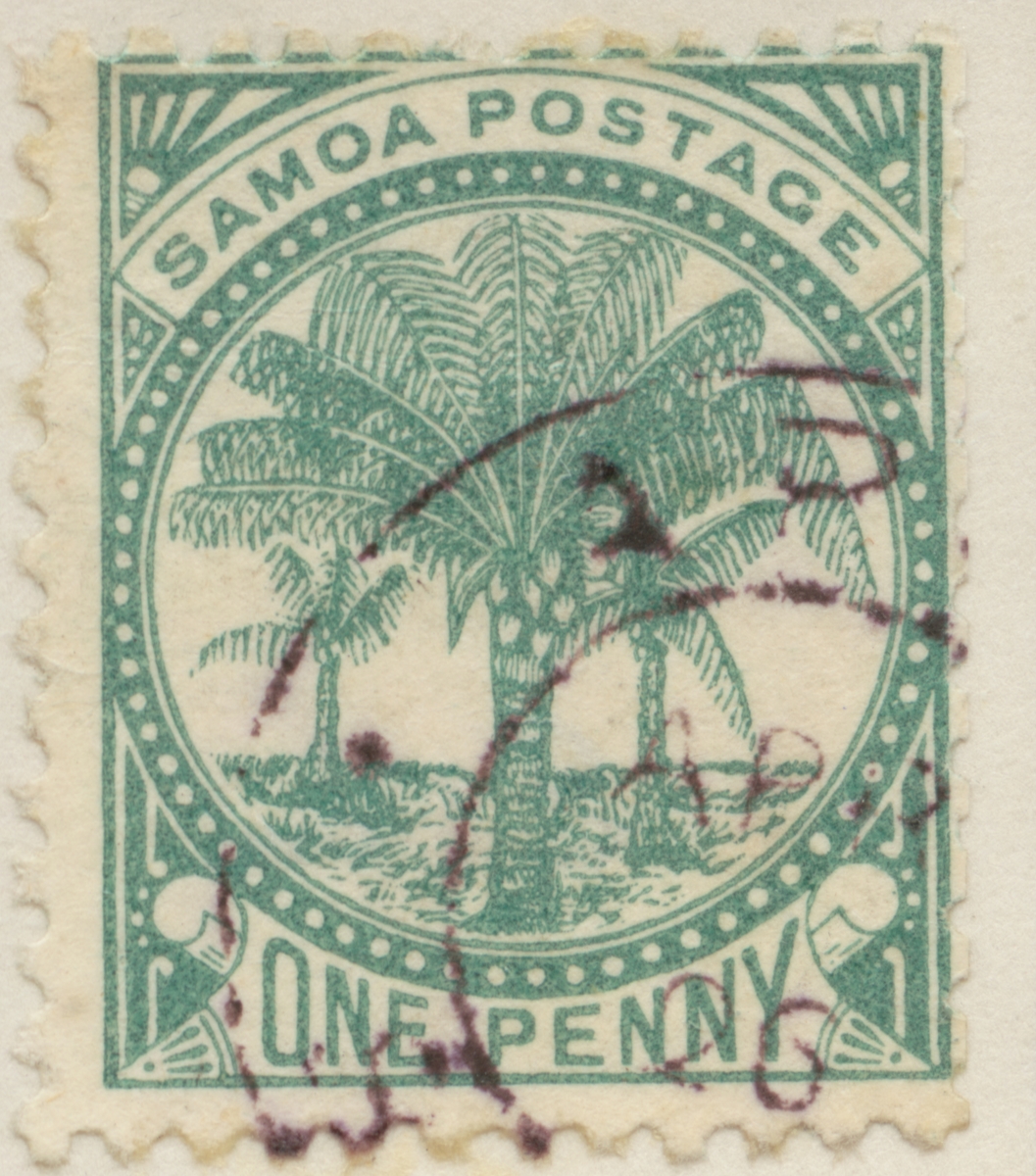 Frimärke ur Gösta Bodmans filatelistiska motivsamling, påbörjad 1950.
Frimärke från Samoaöarna, 1887. Motiv av kokospalmer.