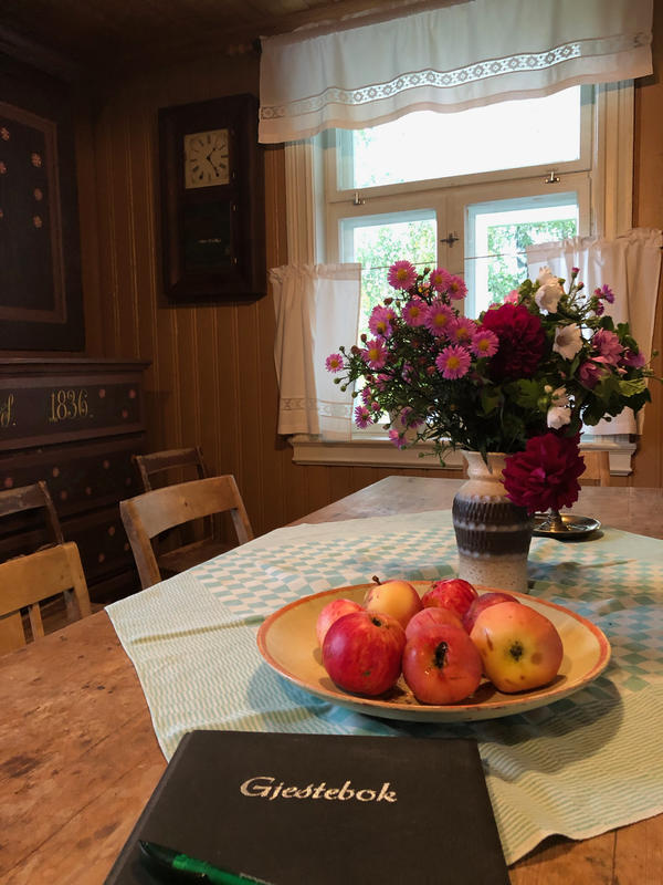 Nærbilde av kjøkkenet på Sagstua skolemuseum - Sigurd Hoels barndomshjem. Et fruktfat og en vase med markblomster står på kjøkkenbordet.