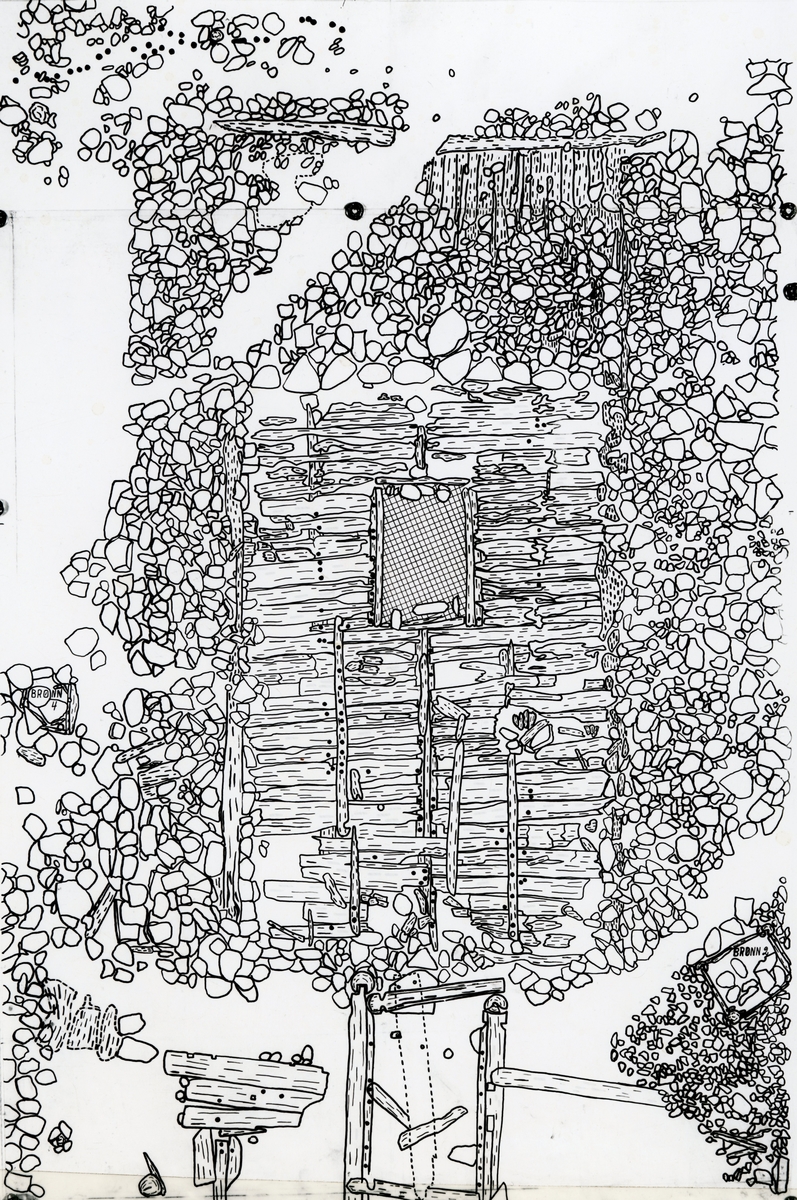 Motiv av ei planskisse av årestova med pallen i bakgrunnen. Fra de arkeologiske utgravningene i Borgundkaupangen.