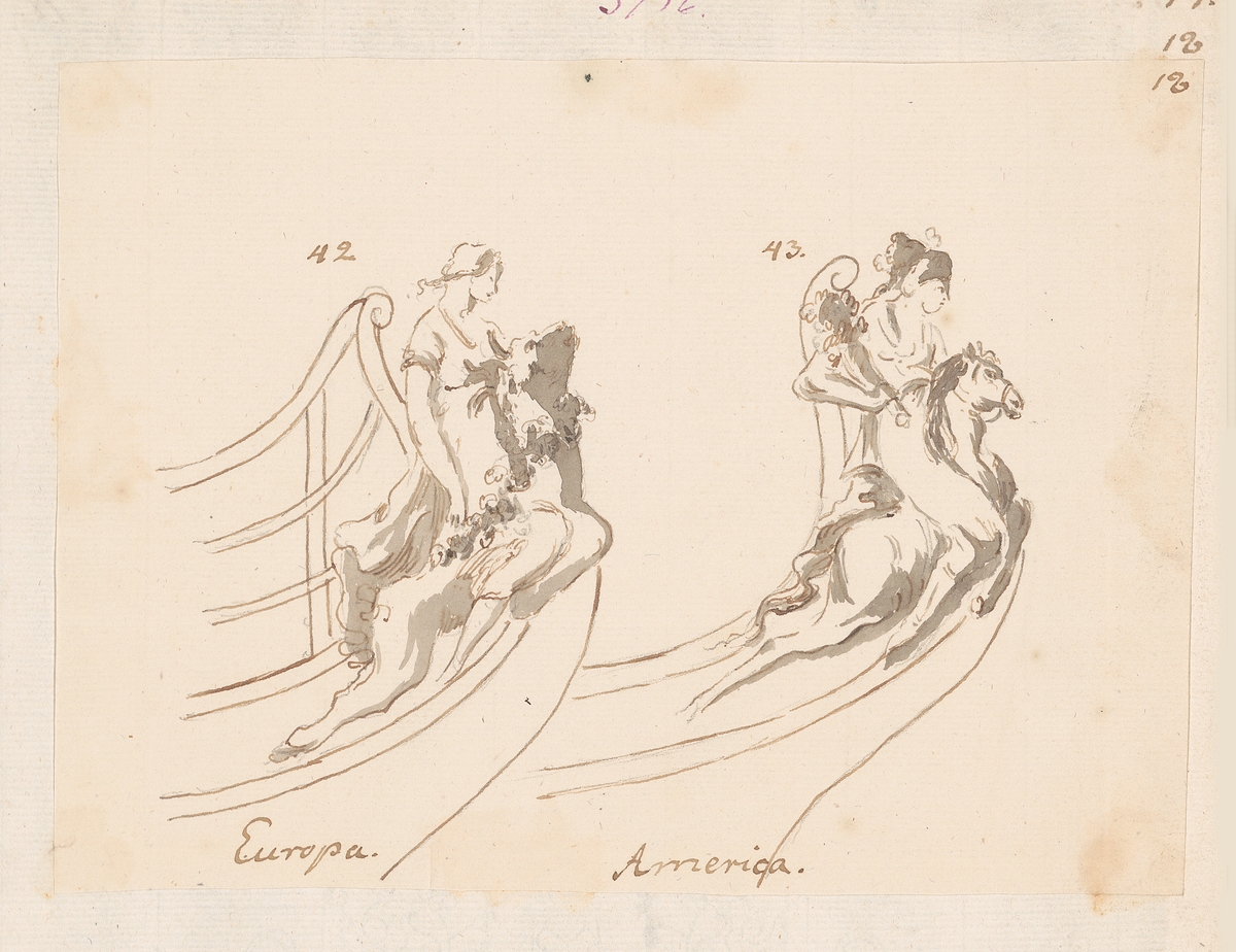 Två skisser till galjonsbilder med påskriften "Europa" och "America". Kvinnofigurer ridande på tjur respektive häst.