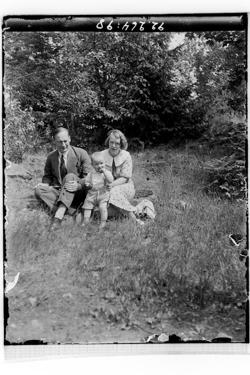 Hålahults sanatorium, exteriör, man kvinna barn uppklädda sitter i gräset framför buskar och träd