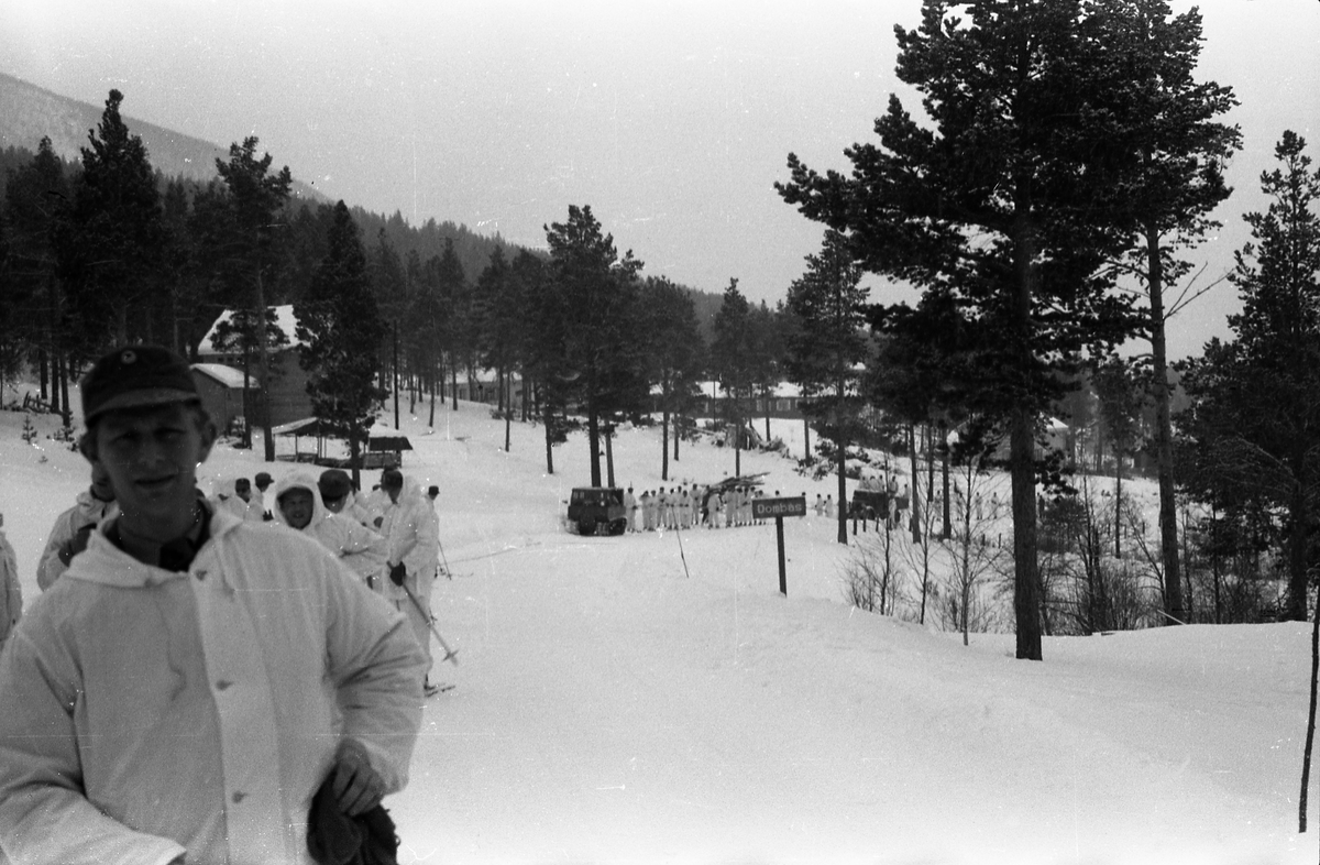Fem avfotograferte bilder av militært personell som snørekjører på ski bak wiesel. Muligens i nærheten av Heimevernskolen på Dombås.