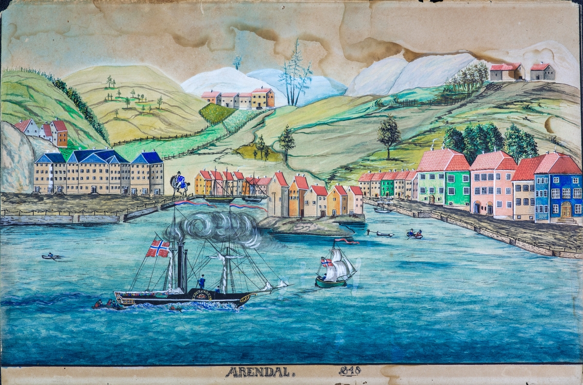 Et meget naivt prospekt av Arendal sett fra sjøen, fra Kalleviggården til ytre ende av Langbryggen, med hjuldamperen Prins Karel på havnen. Tønsbergs litografi fra 1848 har vært forbildet, cfr. AAM.B.155. 