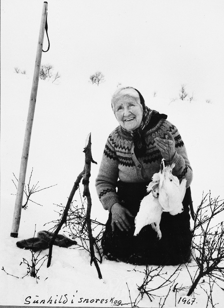 Gunhild Kvinen på snarefangst på snøføre med dagens fangst, to ryper . Staven hennar til venstre.