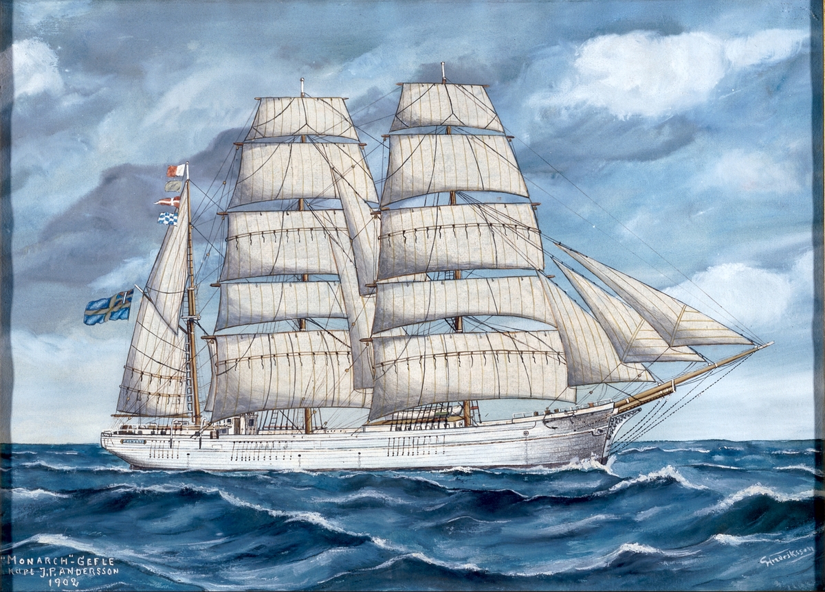 Fartyget avbildas seglande för babords halsar, gående från v. till h. Skrovet vitt. På mesanmasten signalflaggor samt unionsflaggan.