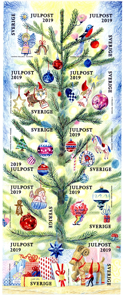 Frimärken i häfte med tio självhäftande frimärken med tio motiv julgran med julpynt. Valör Julpost.