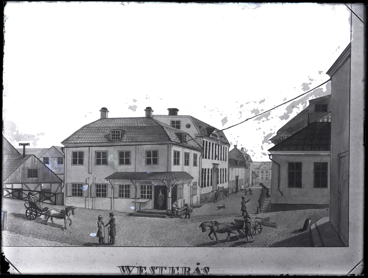Västerås, hörnet Stora gatan-Köpmangatan.
Akvarell med hästskjutsar, en järnfora.