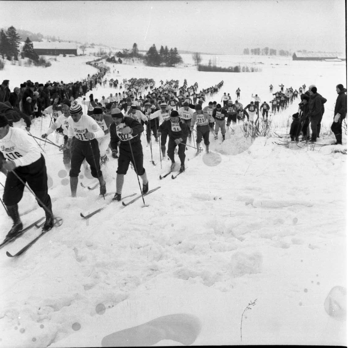 Ett vinterlandskap med ett stort gärde. Det är strax efter starten av skidtävlingen Braheloppet. Skidåkare passerar fotografen och utmed spåren står publiken.
Skidlöpararna på väg mot Grännaberget. Fotot är taget mot söder. I bakgrunden Ravelsmark Prästgård.