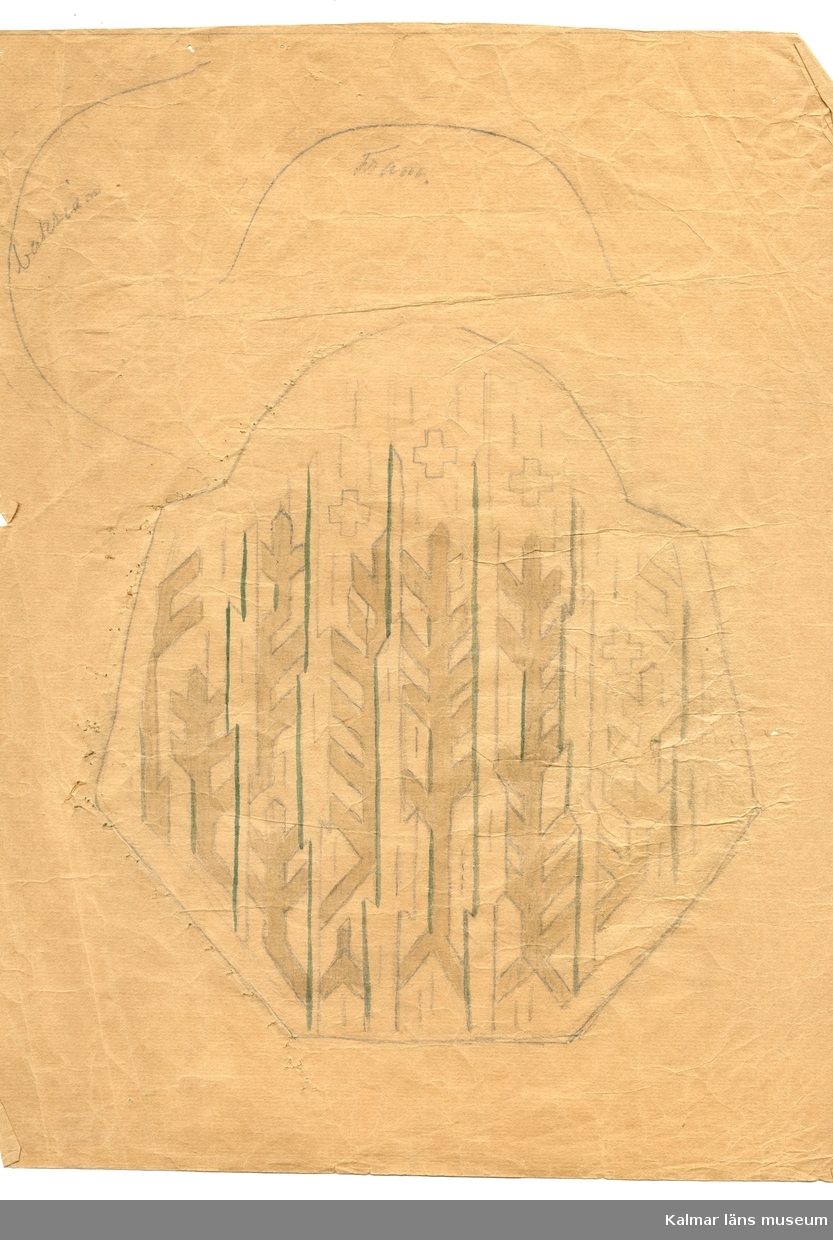 KLM 28265:3:22. Mönsterark, textilmönster. Ark av tunt papper. Text på föremålets baksida: Gobelin väska. Handkolorerat motiv med mönster i grönt och brunt.