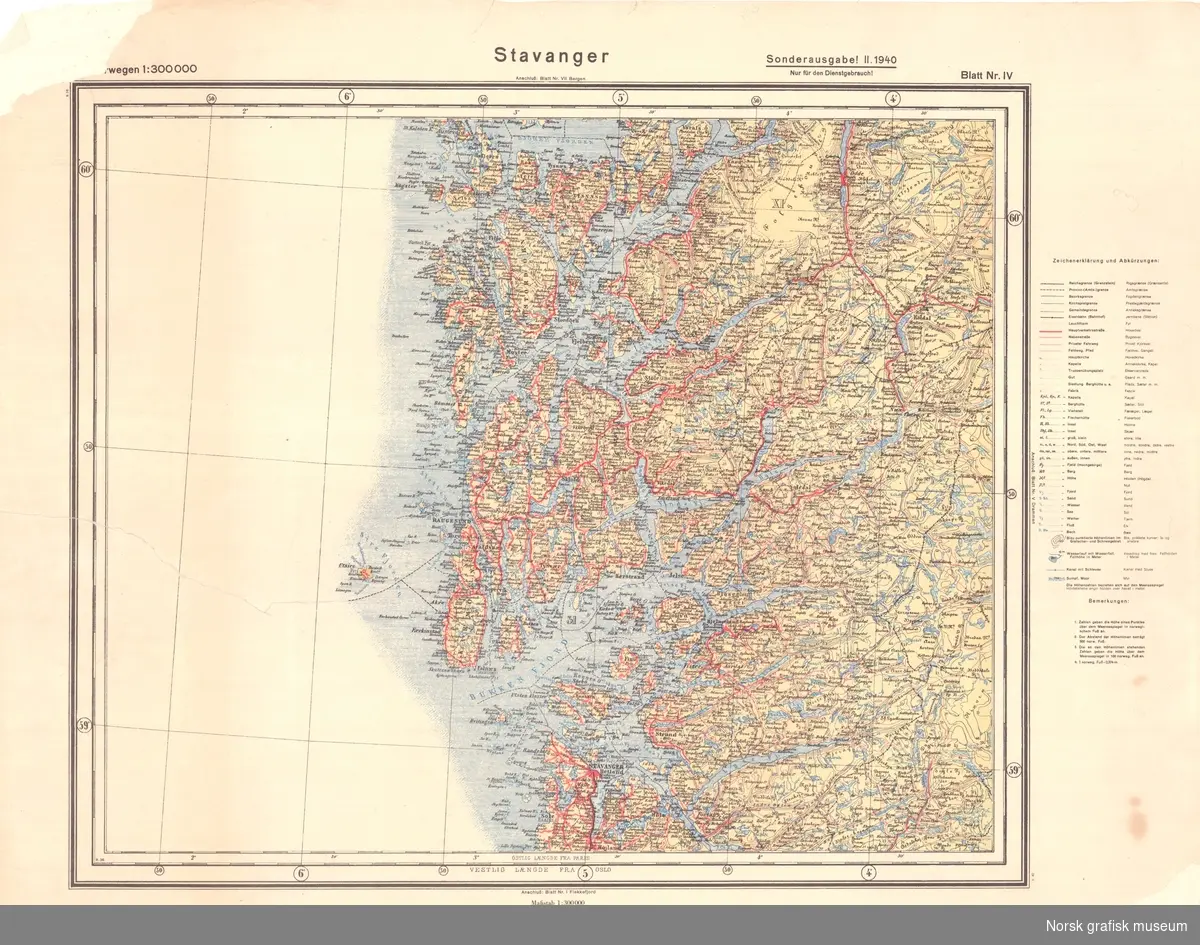 Tysk kart over Stavanger og Bergensområdene: Fra 1940.