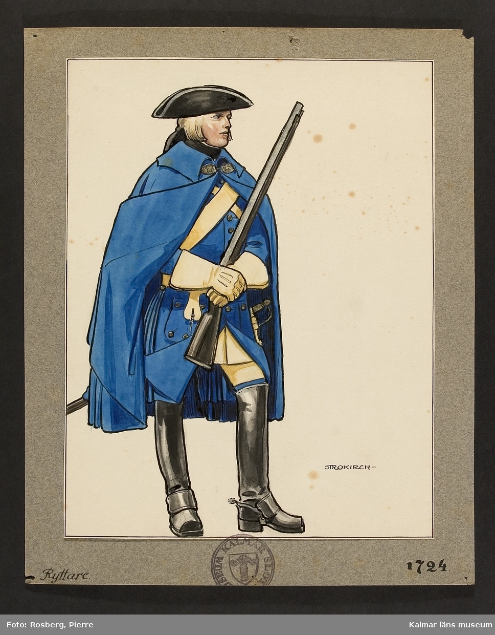 Motiv med ryttare som visar utrustning, uniform och tillbehör vid Smålands husarregemente 1724.