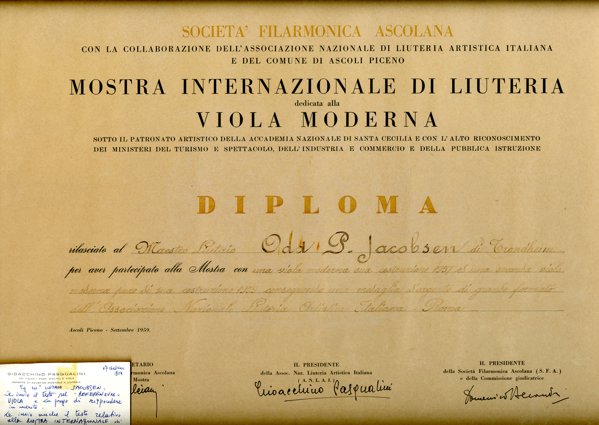 Diplom fra utstilling i Ascoli, Piceno i 1959.