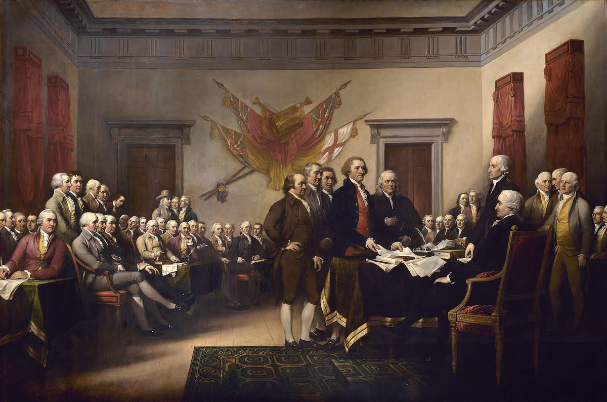 The Declaration of Independence av John Trumbull (1756 – 1843). Malt 1786 – 1820. Versjonen eid av Yale University Art Gallery. En forstørret versjon henger i US Capitol.