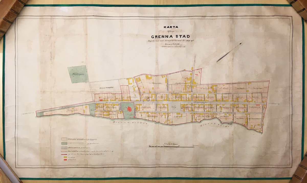 Karta över Grenna stad 1917. Monterad på väv.