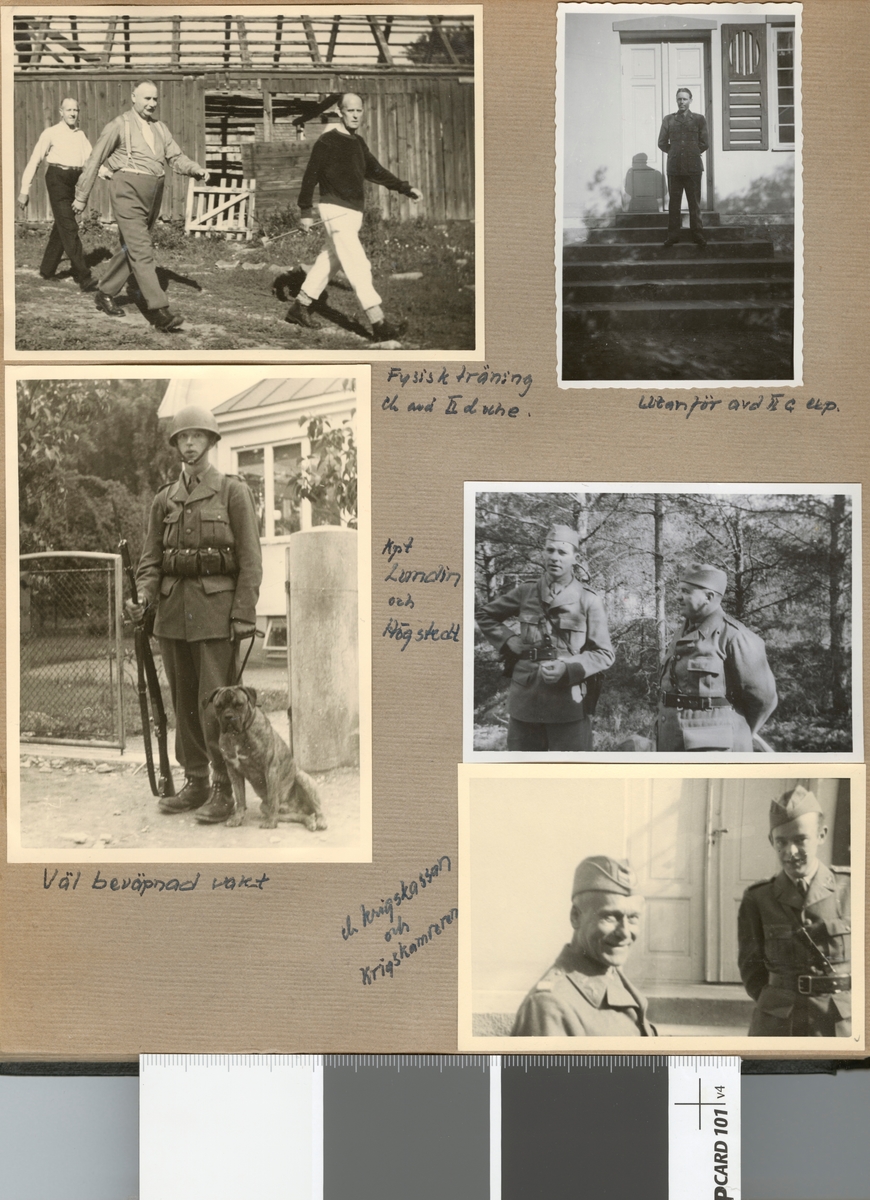 Text i fotoalbum: "Beredskapstjänst april-okt 1940 vid Fältpost. Utanför avd II c exp".
