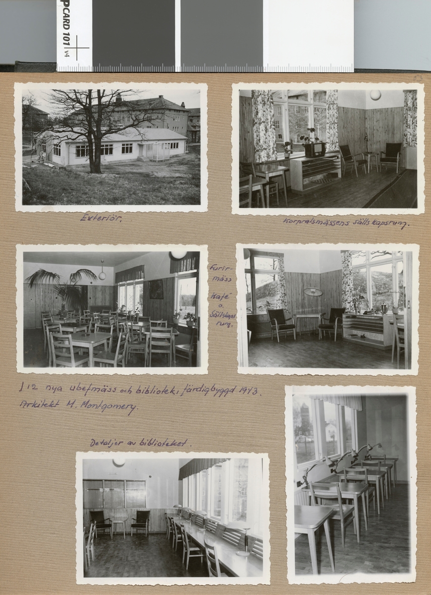 Text i fotoalbum: "I 12 nya ubefälmäss och bibliotek, fådigbyggd 1943. Arkitekt M. Montgomery. Detaljer av biblioteket".