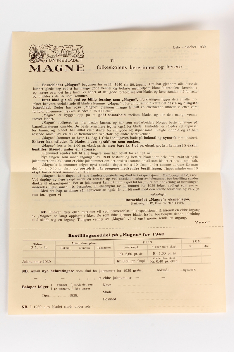 Bestillingsseddel på "Magne" for 1940