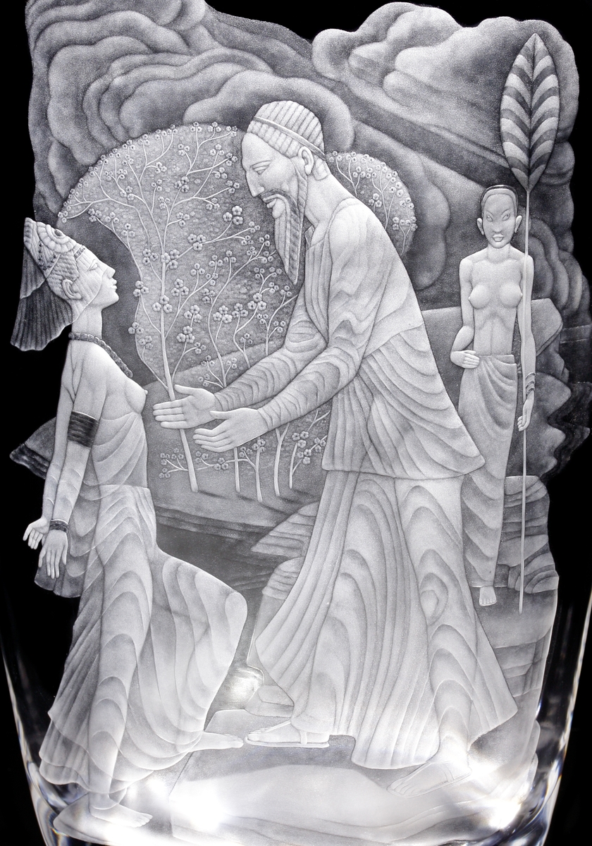 Vas "Drottningen av Saba" av Simon Gate. Graverat motiv av gravören Ernst Åberg, bestående av drottningen av Saba som som besöker Salomo i Jerusalem.