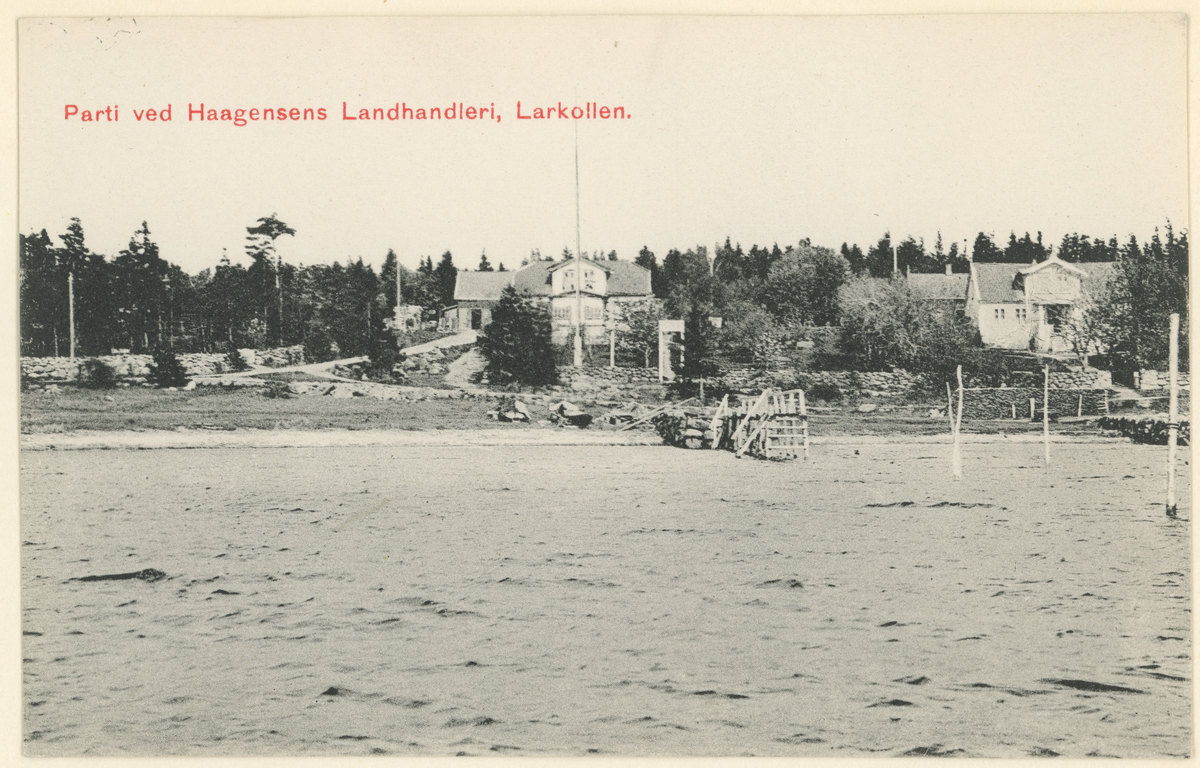 Larkollen, fire postkort, ca. 1910.

Bilde 1:
"Røeds Hotel, Larkollen".

Bilde 2:
"Smaalenene. Botner, Rygge."

Bilde 3:
"Smaalenene, Parti fra Larkollen."

Bilde 4:
"Parti ved Haagensens Landhandleri, Larkollen."