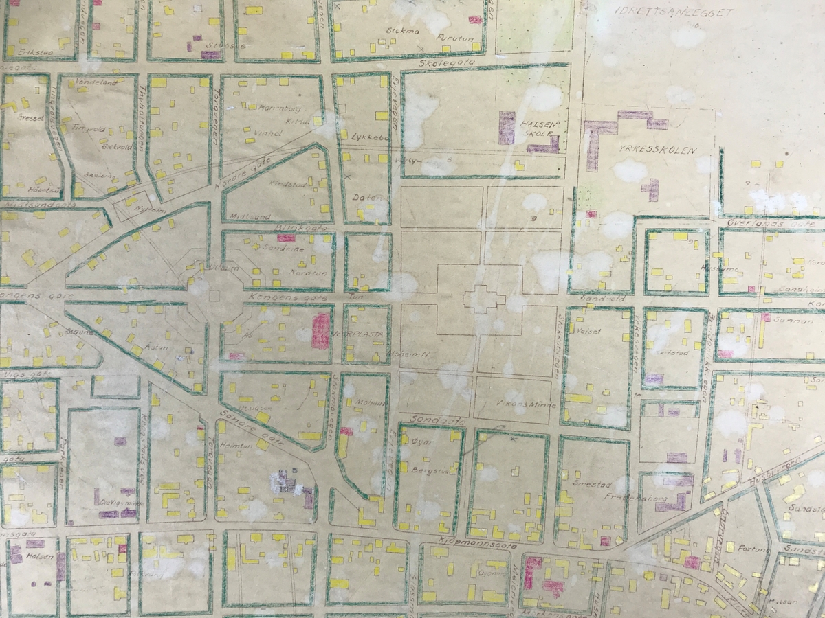 Håndtegnet kart over Stjørdal sentrum fra 1956.