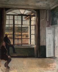 En av skissene Oscar Wergeland gjorde som forarbeid til maleriet Eidsvold 1814, var dette bildet. Her ser vi et utsnitt av rikssalen i lengdeperspektiv. Særlig er vinduet og dørene sirlig malt, og det er noen skikkelser i rommet som angir rommets størrelse.