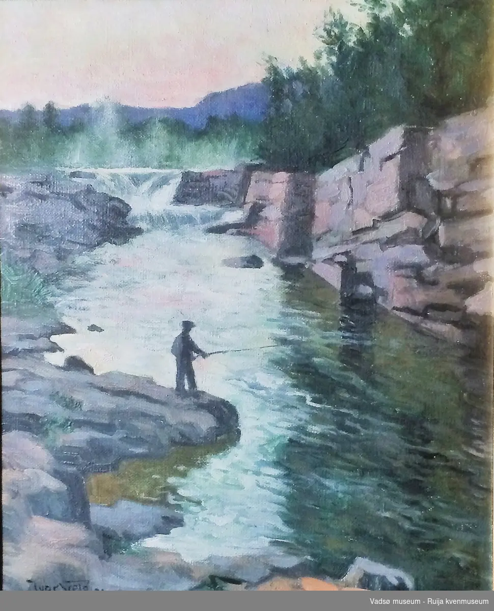 En person fisker i elva, Vestre Jakobselv.