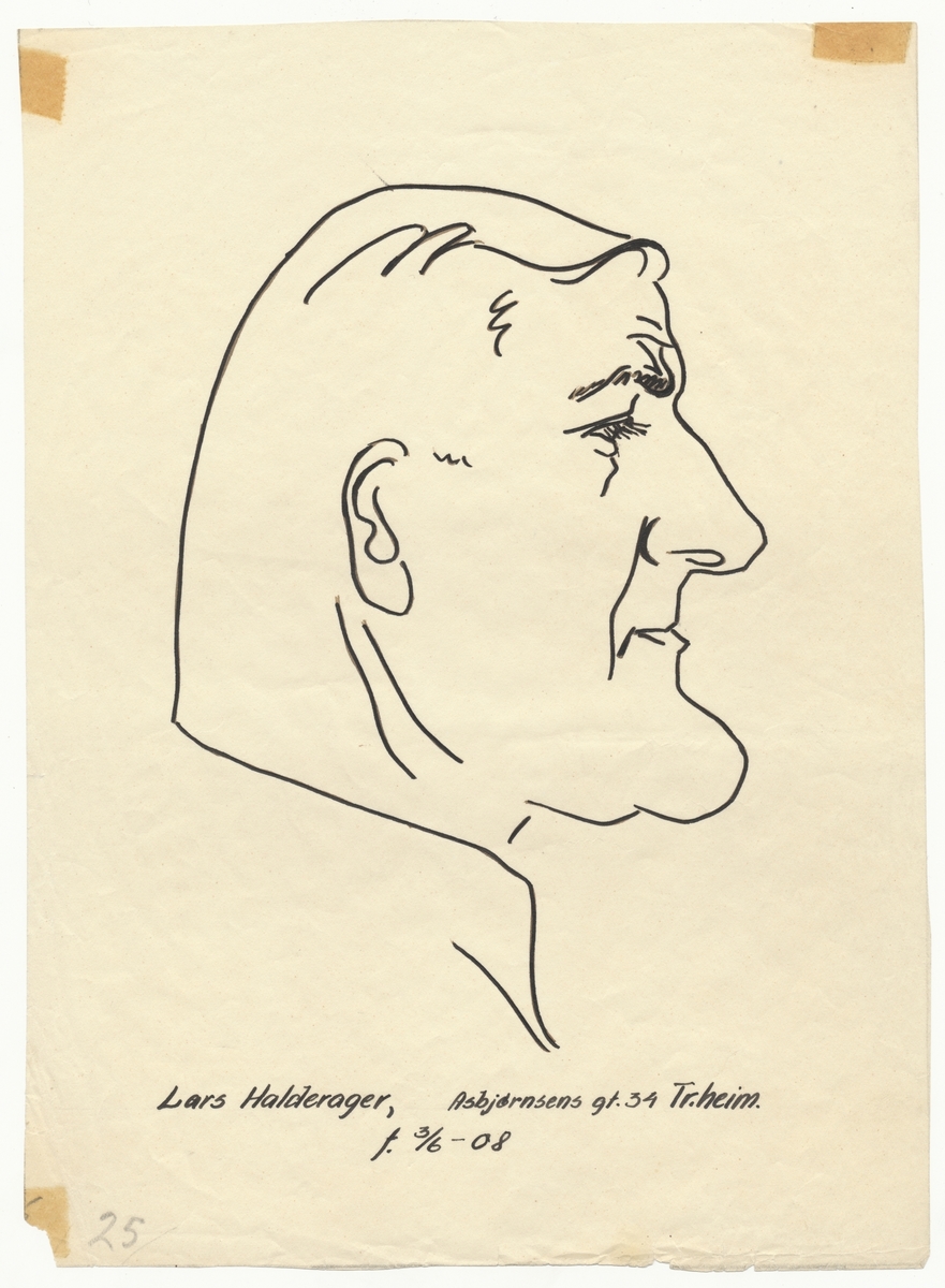 Portrettegning (karikatur) av falstadfange Lars Halderager (f. 1908), Trondheim.