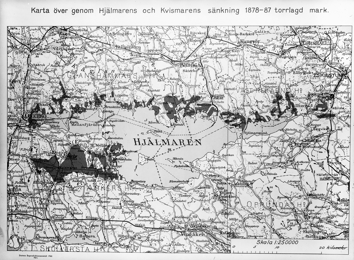 Karta över Hjälmarens och Kvismarens sjösänkning 1878-1887, torrlagd mark.